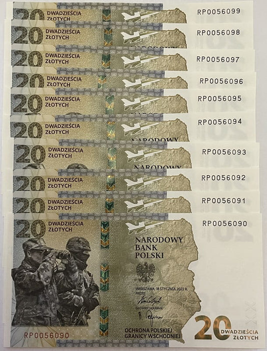 Banknot 20 zł Ochrona polskiej granicy wschodniej 2022 10 szt