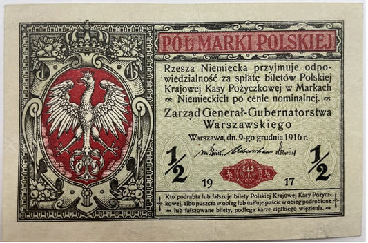 Banknot 1/2 marki polskich 1917 generał