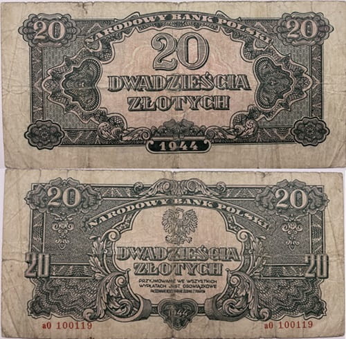 Banknot 20 zł 1944 r. seria lubelska