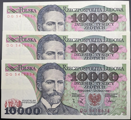 Banknot 10000 zł 1988 Stanisław Wyspiański 3 kolejne