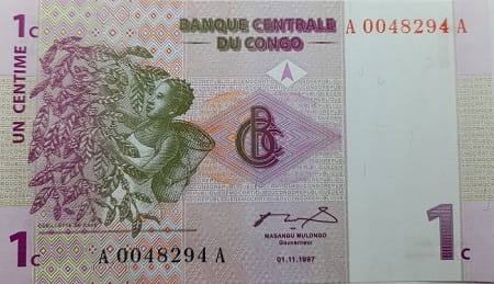 Kongo banknot  1 Centym  1997 UNC